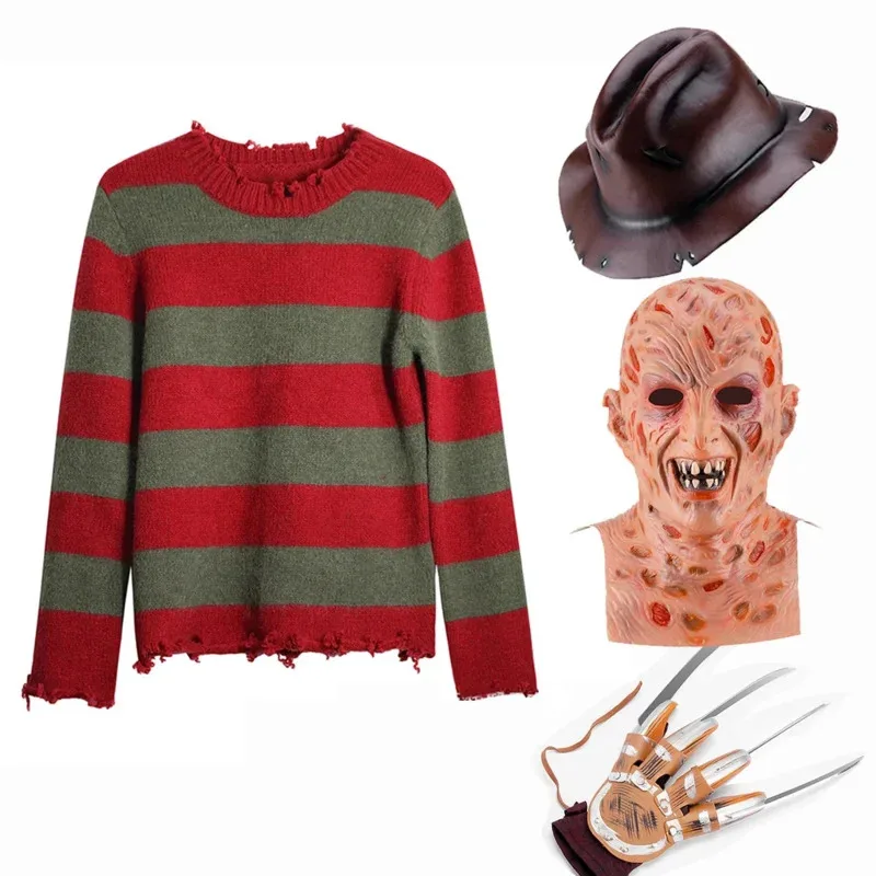 

Freddy Krueger Cosplay Costume Adult Sweater Red Striped Knitting Top Coat Hat Mask Freddie Krueger Halloween Costume for Men