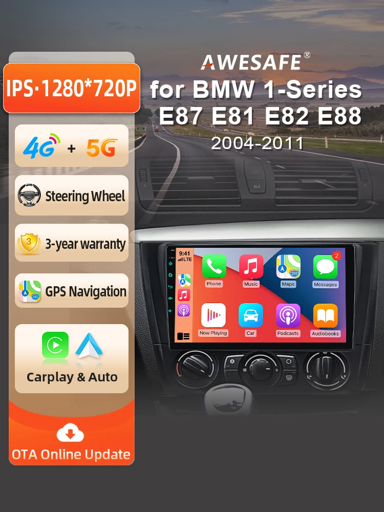 AWESAFE Draadloze CarPlay Android Auto Radio voor BMW 1-serie E87 E81 E82 E88 2004-2011 Plug & Play FM BT RDS DSP GPS Multimedia - afbeelding 2