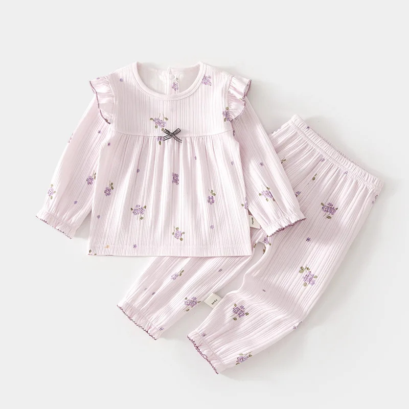 Baby Suit Children's Spring and Autumn Underwear Long Johns Boys and Girls Baby Cotton Home Wear Printed Jacquard Two-Piece Suit