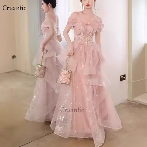 Luxury Pink Tulle Pleated Prom Dress Shiny Sequines Off The Shoulder Bridesmaid Dress For Wedding Sweet Women Long Evening Gowns