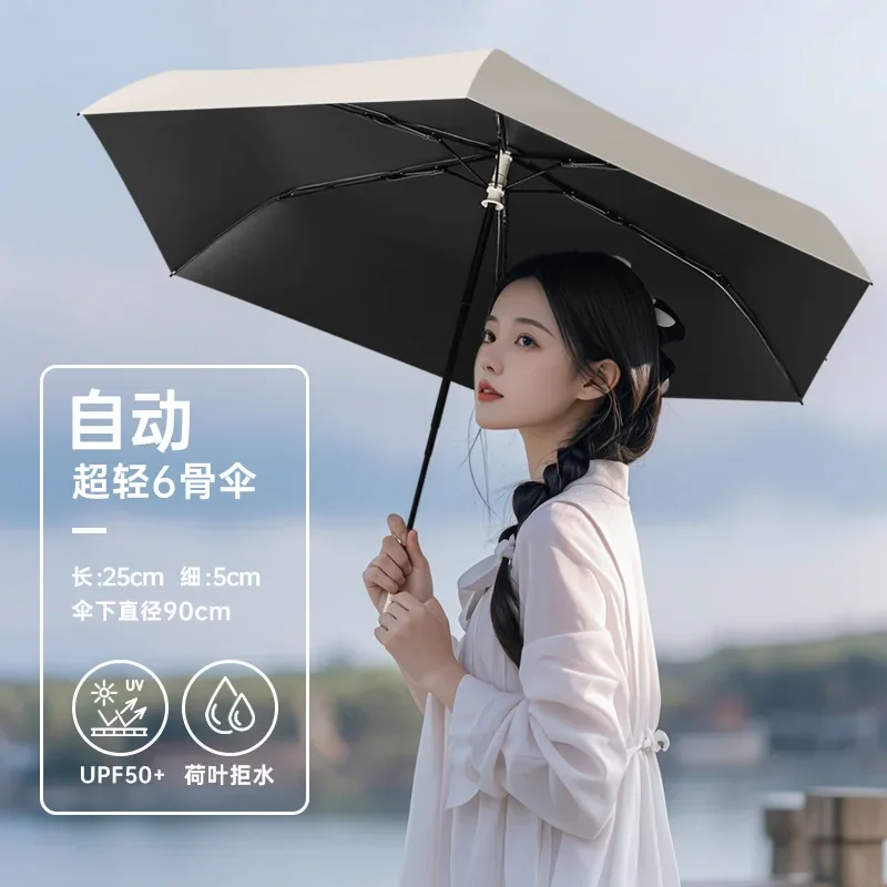 Mini Ultralight Automatic Folding Umbrella for Women, Sun UV UPF50+ Protection, Compact & Lightweight Pencil Rain Umbrellas