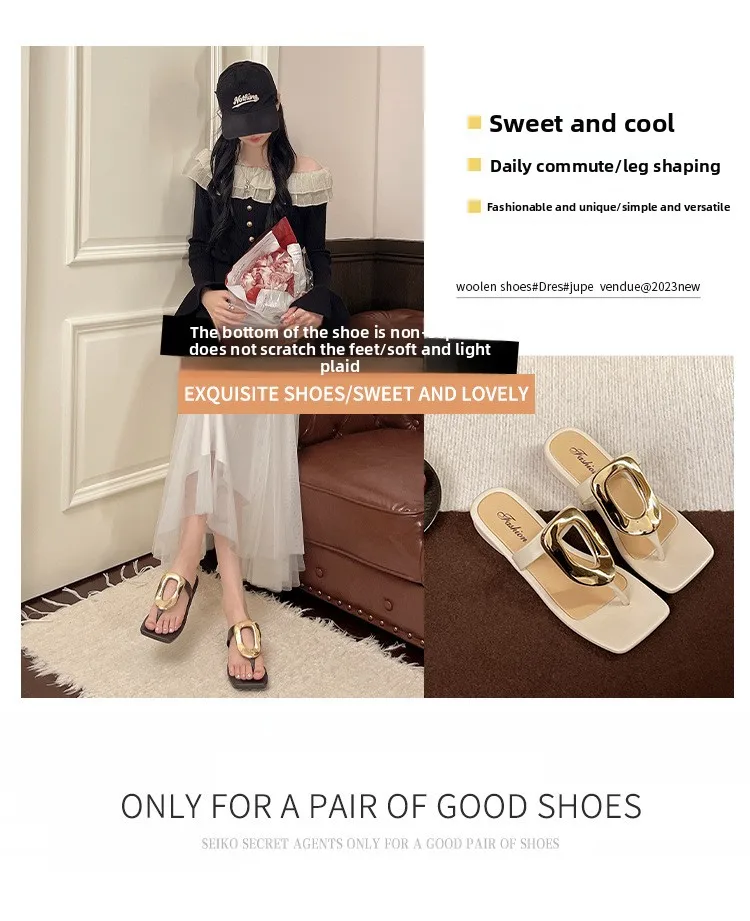 2026 Neue Damen-Flip-Flops mit eckiger offener Zehenpartie, einfarbig, vielseitig, mit Clip-Zehenriemen, flache Sandalen mit Metallschnalle für Damen – Detail 3