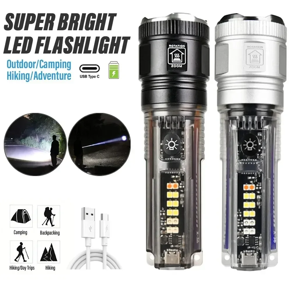 Super Bright LED Flashlight with White Laser Beads and Red and Blue Side Lights, Support Solar Charging