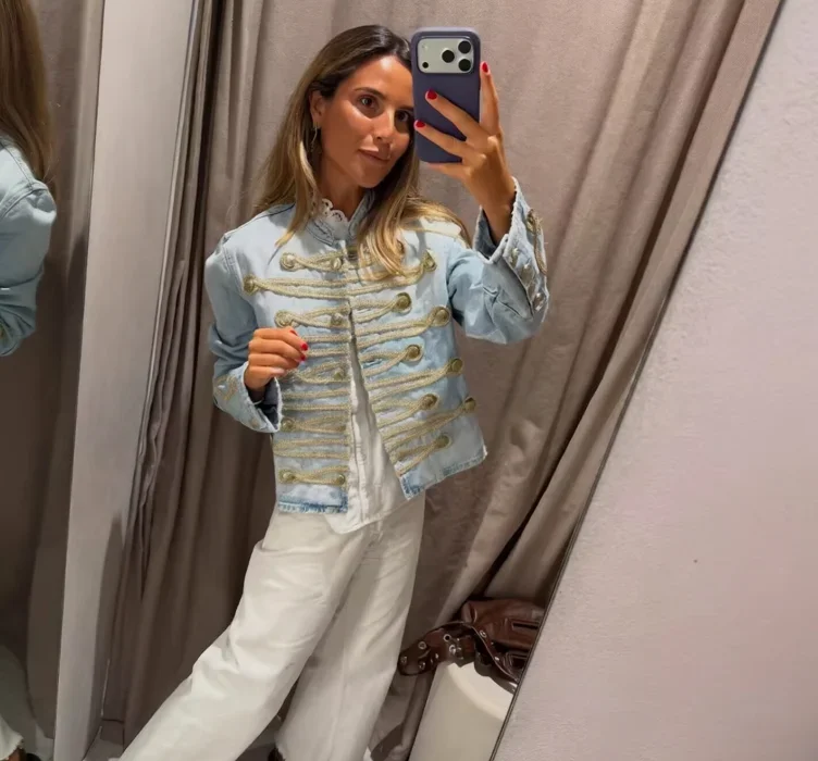 Women Elegant Chic Denim Jacket Vintage Rope Buttons Cowboy Jacket New 2026 Early Autumn Trendy Street Boho Party Jacket