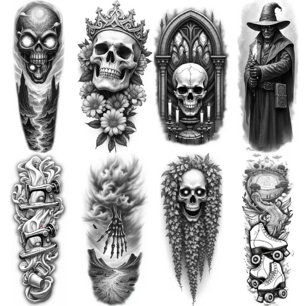 

3pcs Temporary Tattoo Skull With Ivy Realistic Temporary Tattoos Skull In Gothic Frame Wizard With Book For Women Adults
