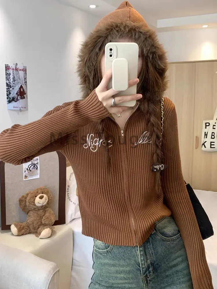 Winter Casual Vintage Long Sleeve Zipper Tops Women Fashion Retro Solid Embroidery Knit Cardigan Chic Patchwork Hooded Sweater