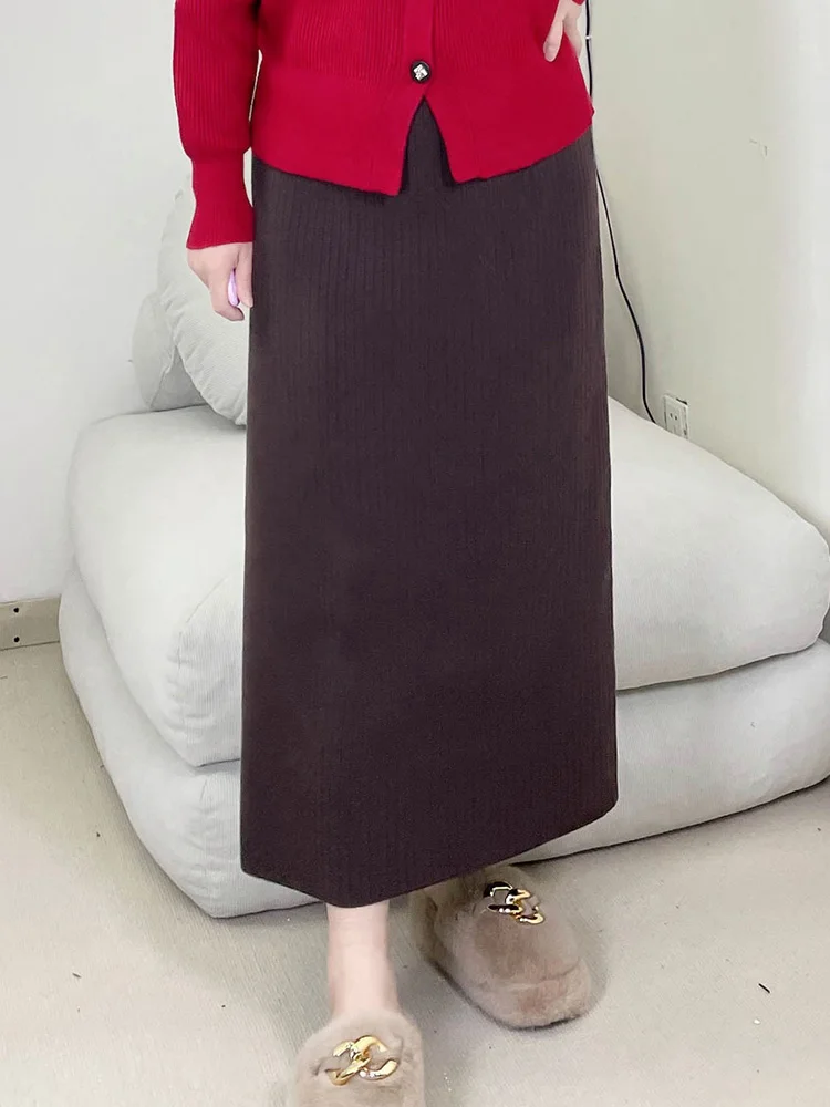 

plus Size Knitted High Waist Skirt Conceals Flattering Bla A-Line Long Skirt for Women over 200 Pou Autumn Winter Faion