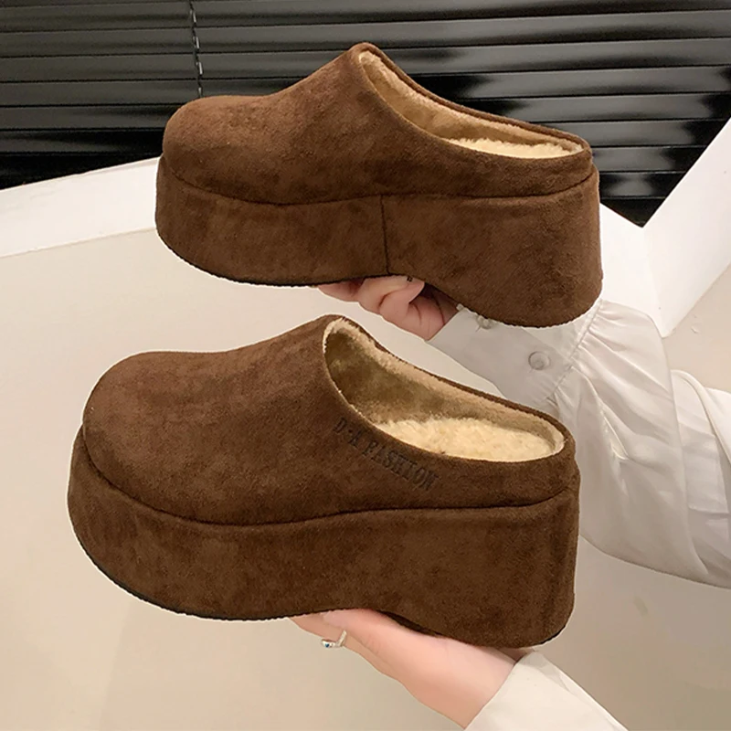 Platform Women Winter Fur Slippers Designer Brand Mules High Heels Suede Shoes 2025 Casual Woman Cotton Flip Flops Botas Mujer