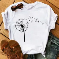 Printed White Ladies T-shirt Casual Woman Shirt Funny Tees Shir New Cute Dandelion Printed Women T Shirt Cartoon Graphic