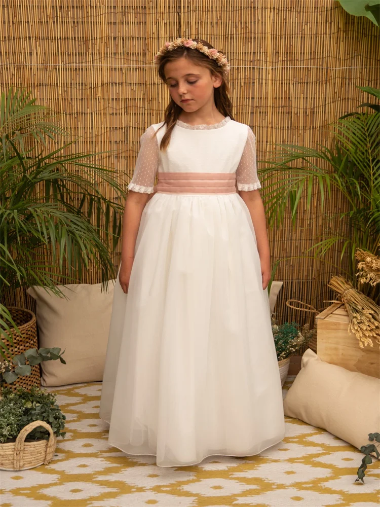 New Arrival Round Neckline Short Sleeves Tulle A-Line Flower Girl Dress Elegant Back Button Waist Bow Floor Length Gown 2024