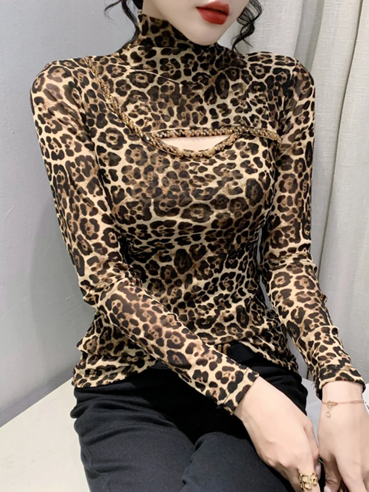 المرأة عالية الياقة Fce اصطف لي قاعدة irt طويلة Sve Faion ليوبارد طباعة T الأعلى سليم صالح ملابس داخلية تخفيف Sle