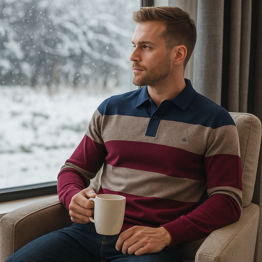 

AIOPESON Мужской хлопковый свитер с воротником-поло на пуговицах в полоску, вязаный повседневный деловой свитер для мужчин