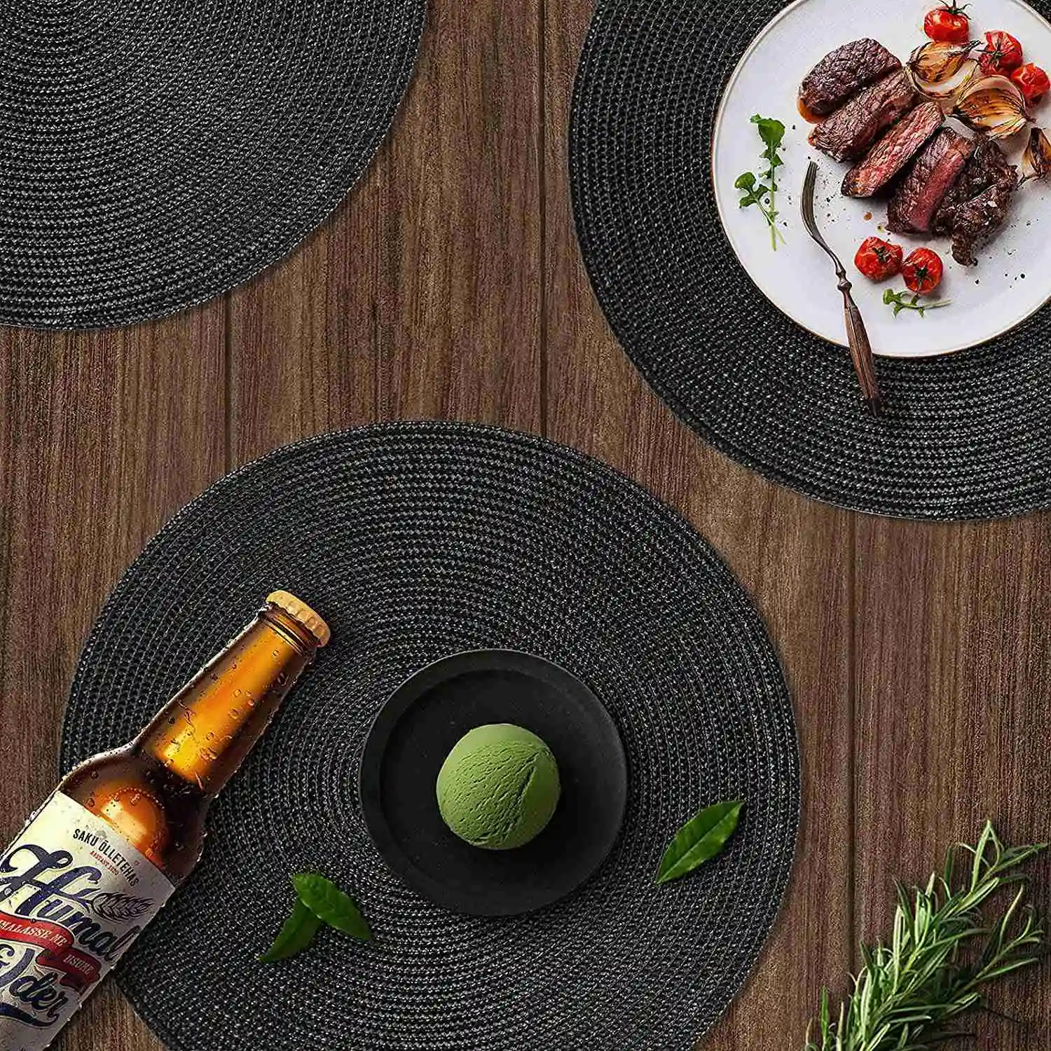 Round Braided Placemats Set of 6 Table Mats for Dining Tables Woven Washable Non-Slip Place Mats 15 Inch Halloween Black