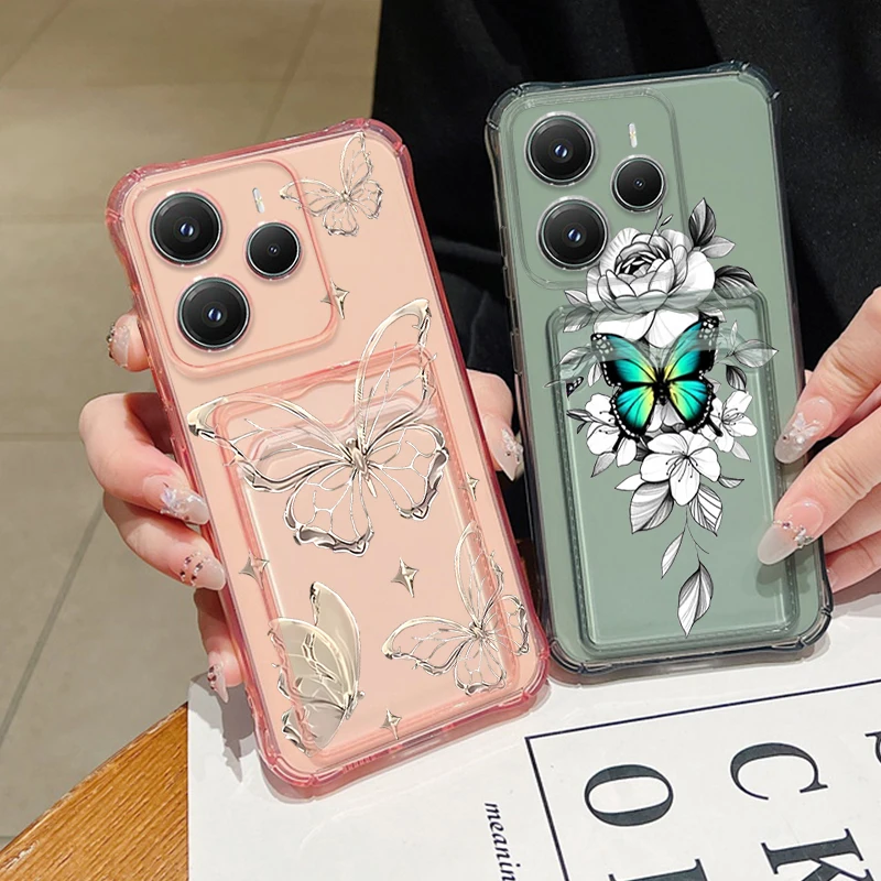 Bolsa carteira com estampa de borboleta dourada, capa carteira para xiaomi redmi note 13 14 12 11 pro 5g note 13 14 14c 13c 4g, capa transparente e macia para telefone