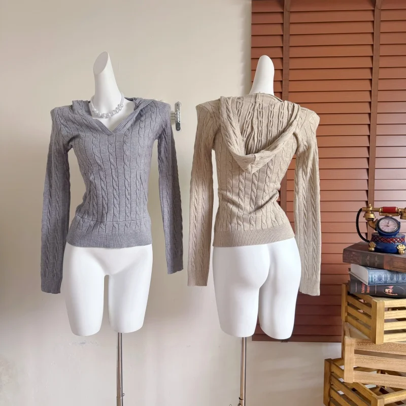 

Women's Autumn Winter Hooded Long Sleeve Twisted Pattern Slim Sweater Lady Solid Color Casual Streetwear Pullover Jumper Top