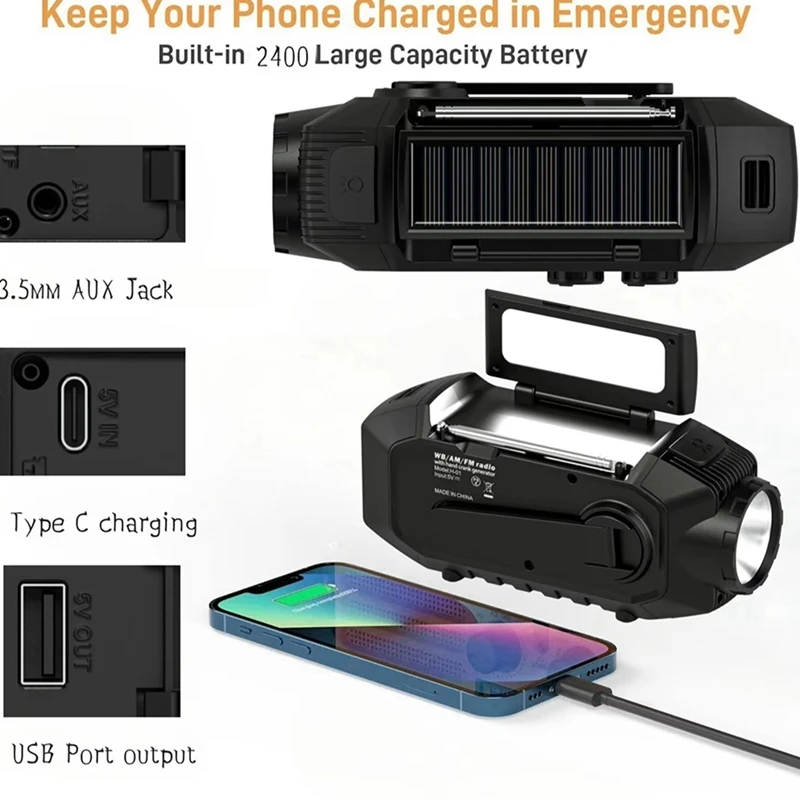 Radio d'urgence avec haut-parleur Bluetooth, radio portable à manivelle solaire, radio AM et FM pour la survie, chargeur USB, alarme SOS, lampe de lecture