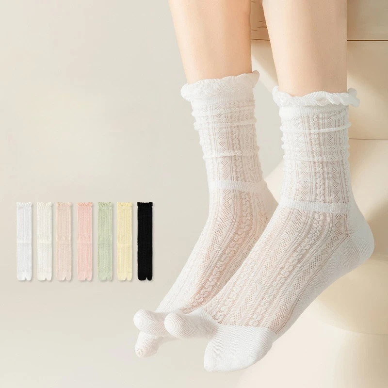5 Pairs Split-toe Socks Women Cotton Summer Mesh Boneless White Cotton Socks Breathable Girl Tabi Lace Two-toed Socks