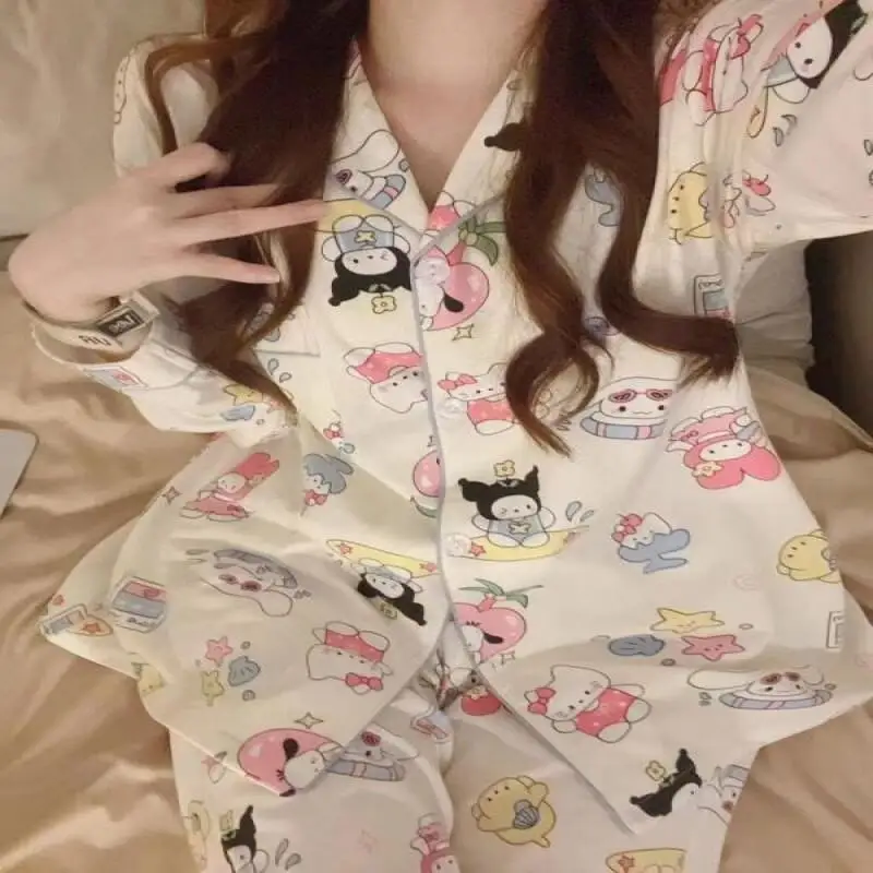 

Sanrio Cute Style Pajamas Hello Kitty Pajamas Print Female Spring Autumn Long Sleeves Trousers Leisure Loose Home Clothing Hot