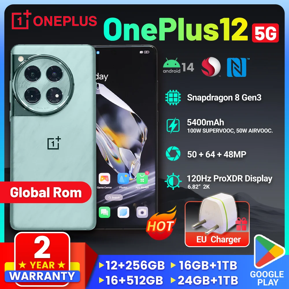 Global Rom OnePlus 12 Smart Phone 5400mAh Snapdragon 8 Gen 3 6.82 Inch AMOLED 50MP LYT-808 OIS 100W SuperVooc NFC