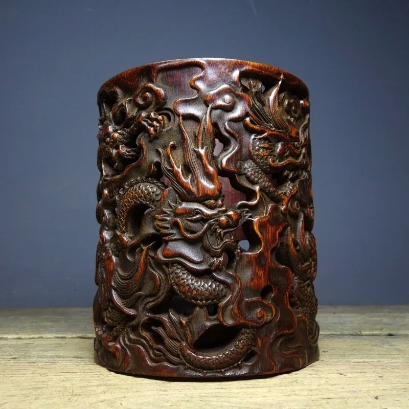 Hollow Carved Dragon Bamboo Brush Pot Chinese Vintage Dragon Cloud Pattern Pen Holder Antique Bamboo Carving Desk Home Decor