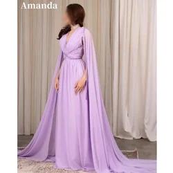 Amanda Lavender Pleats Prom Dresses V-neck Chiffon Evening Dress Graceful Detachable Shawl Long Party vestidos de fiesta 2024