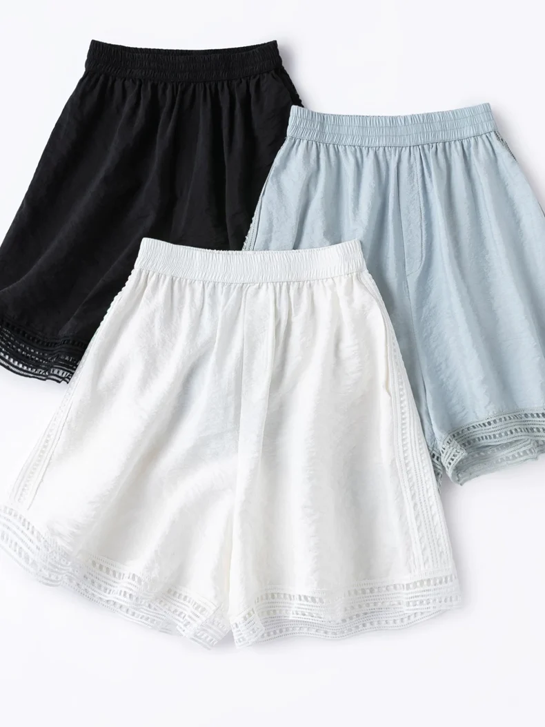 SuyaDream, Real Silk Women Shorts Elastic Waist Loose Casual Vacation Pants Side Pocket Crochet Decor Summer Travel Shorts