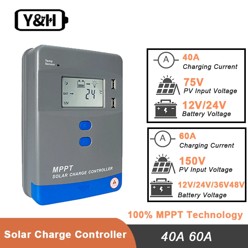 

Контроллер заряда солнечной батареи Y&H MPPT 40A 60A, ЖК-дисплей, 12 В/24 В, 36 В/48 В, регулятор батареи для AGM, геля, затопления и лития