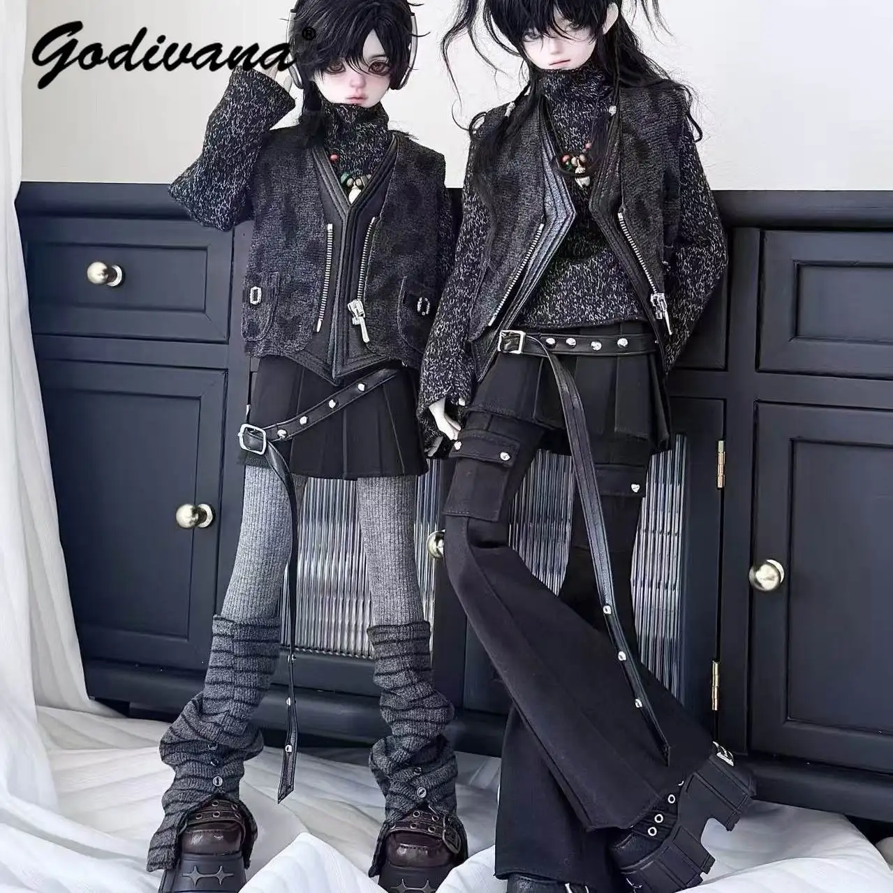 1/4 BJD Doll Clothes Y2K Punk Style Gothic Dark Zipper Vest Layered Outfit with Pleated Skirts and Flare Trousers Turtleneck Set