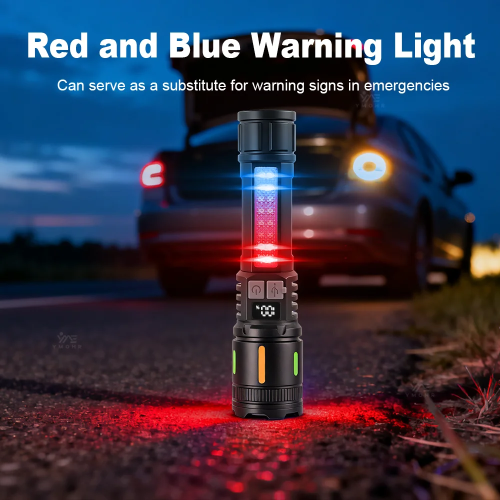 High Power Flashlight 18650 Battery Rechargeable LED Flashlight Waterproof White Laser Side Lamp Digital Display Outdoor Camping