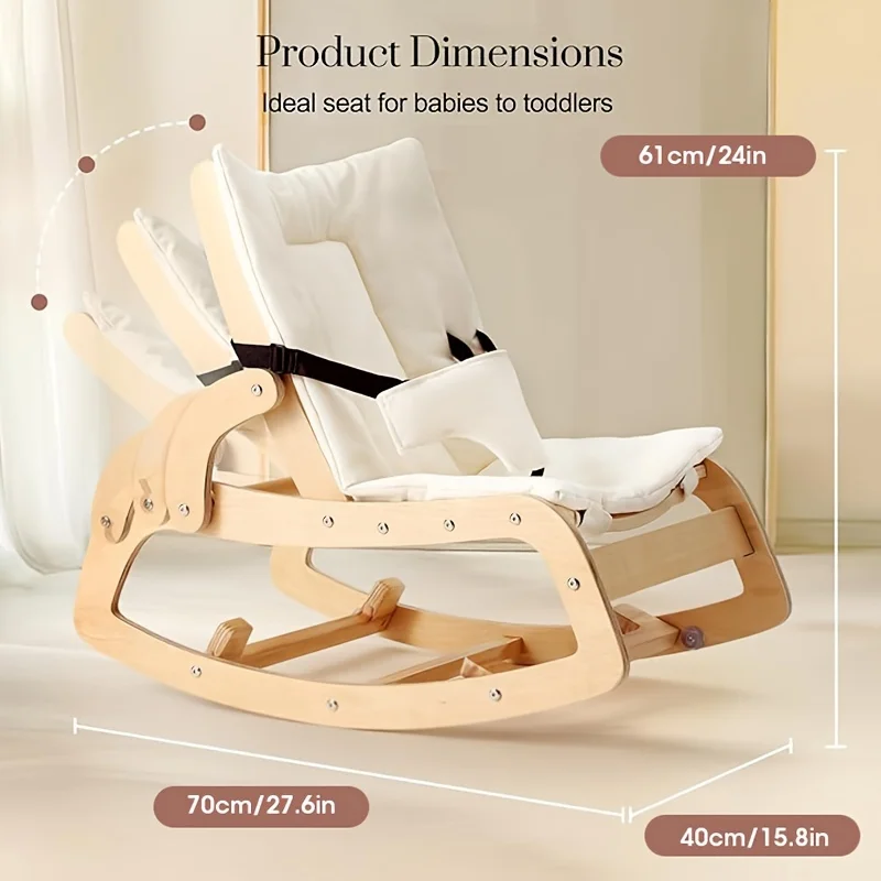 3-in-1 Baby Bouncer, Adjustable Baby Recliner With Removable Cushion, Convertible Wooden Rocker Chair, Seat Belt And Booster