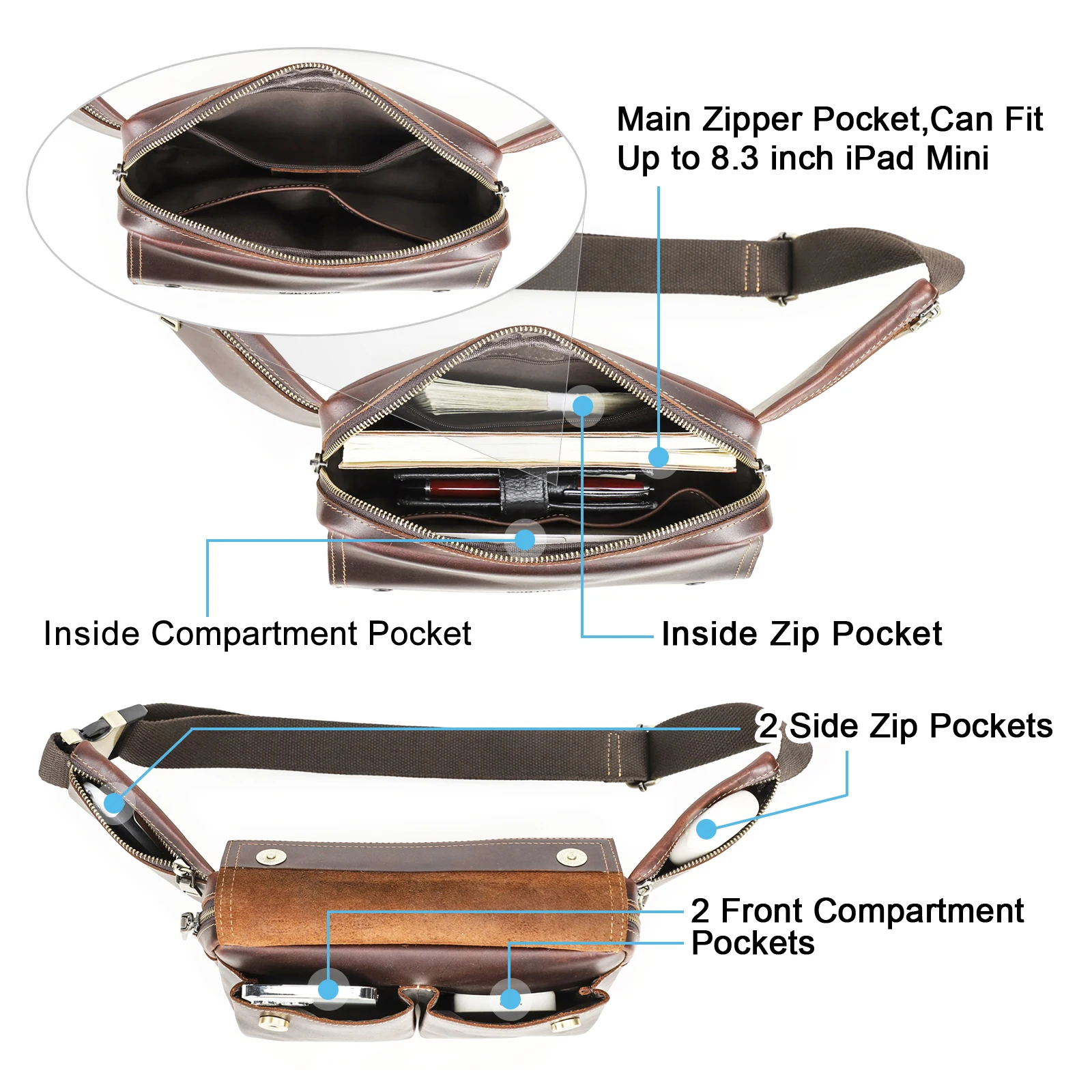 حقائب الخصر المصنوعة من الجلد الطبيعي للرجال من كونتاكت، حقائب خصر جلدية عالية الجودة، حقيبة كروس، حقيبة صدر للرجال مقاس 8.3 بوصة، iPad Mini