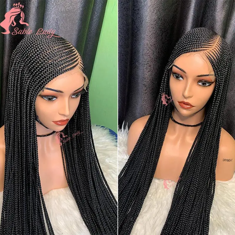 Perucas trançadas sintéticas Full Lace Front Cornrow para mulheres negras, parte lateral, Knotess Box, africano