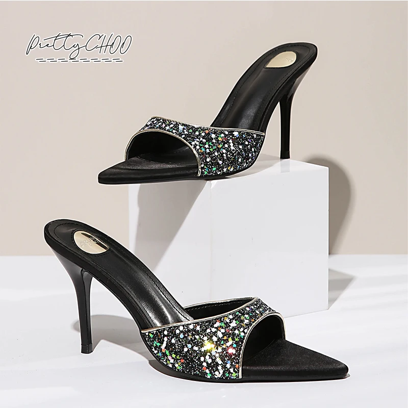 

Gold Silver Glitter Stiletto Mule Slide Woman Brand Design Peep Toe High Thin Heel Narrow Band Pumps Ladies Evening Party Shoes