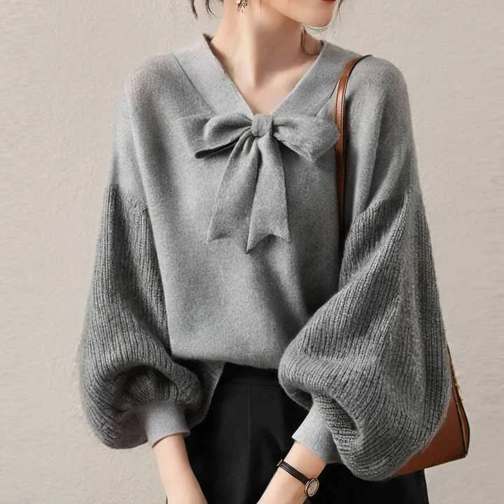 เสื้อไหมพรมถักทรงวีคอแบบญี่ปุ่น พร้อมโบว์ผูกคอ ลายโคมไฟ สำหรับผู้หญิง แฟชั่นฤดูใบไม้ร่วง ฤดูหนาว สินค้ามาใหม่ อุ่นสบาย ผลิตจากโพลีเอสเตอร์...