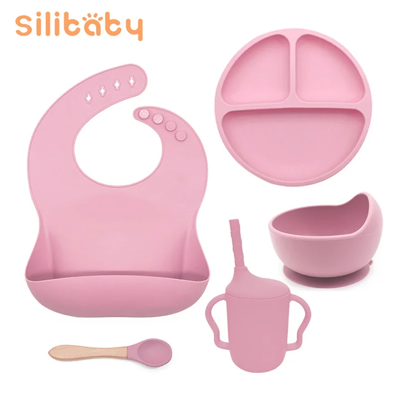 

Silibaby 5Pcs Baby Silicone Feeding Set Sippy Cup With Straws Non-slip Bowl Plate Bibs Spoon Set Children Feeding Tableware