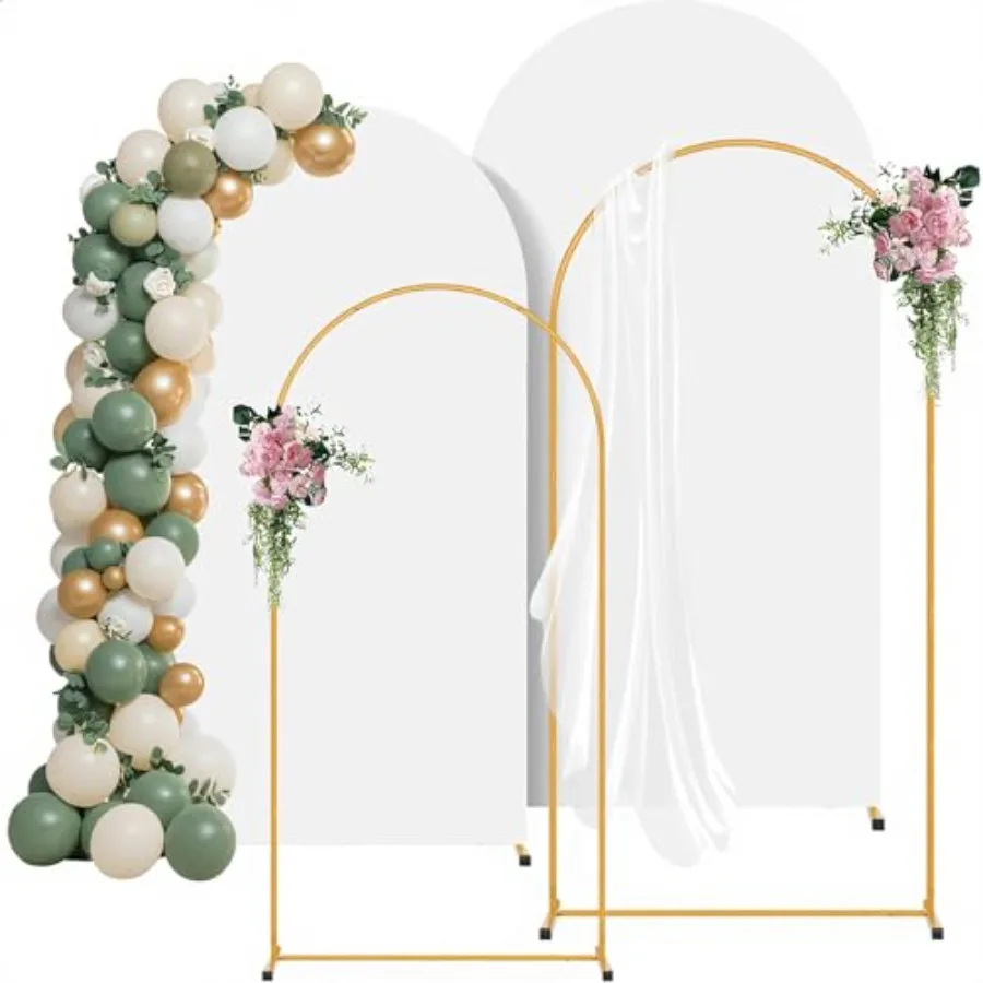 

Wedding Arch Backdrop Stand for Ceremony Decor, Metal Frame Gold and White, 7.2FT/6FT Set of 2, Balloon Arch Stand with Stable