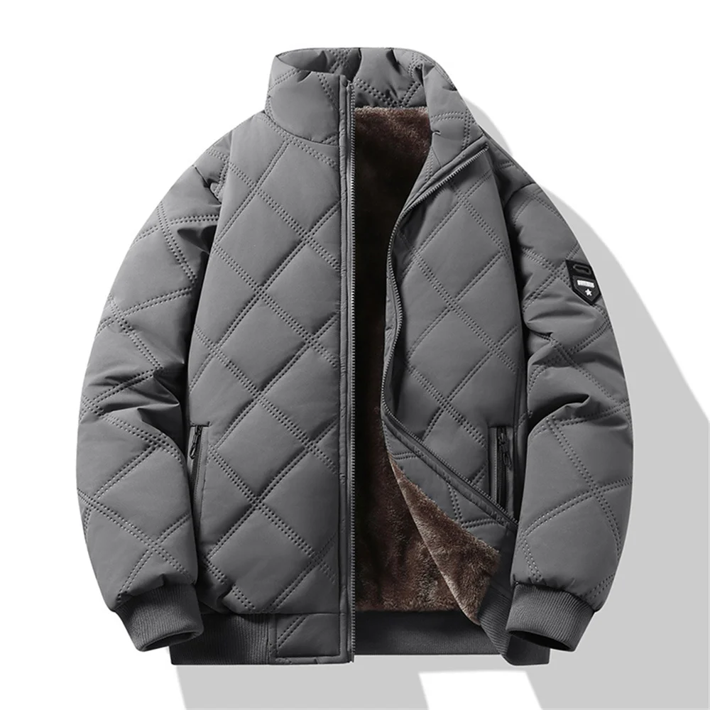 Windproof Thermal Diamond Quilted Jacket Men Winter Men's Fleece-Lined Thickened Parkas Man Cuff Design Stand-Up Collar Jackets