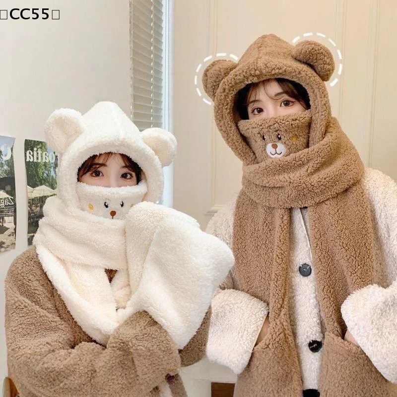Little Bear Plush Hat Winter Warmth Women Hat Scarf Glove Facemask Hooded Outdoor Windproof Ear Protection Cap〔CC55〕
