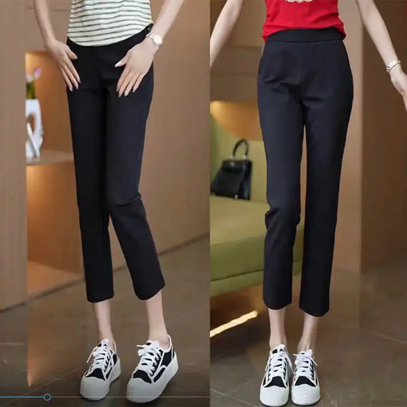 Pantaloni estivi a gamba dritta slim a vita alta in seta di ghiaccio da donna Casual a nove punti piccoli piedi vestibilità ampia per pendolari Sle versione coreana