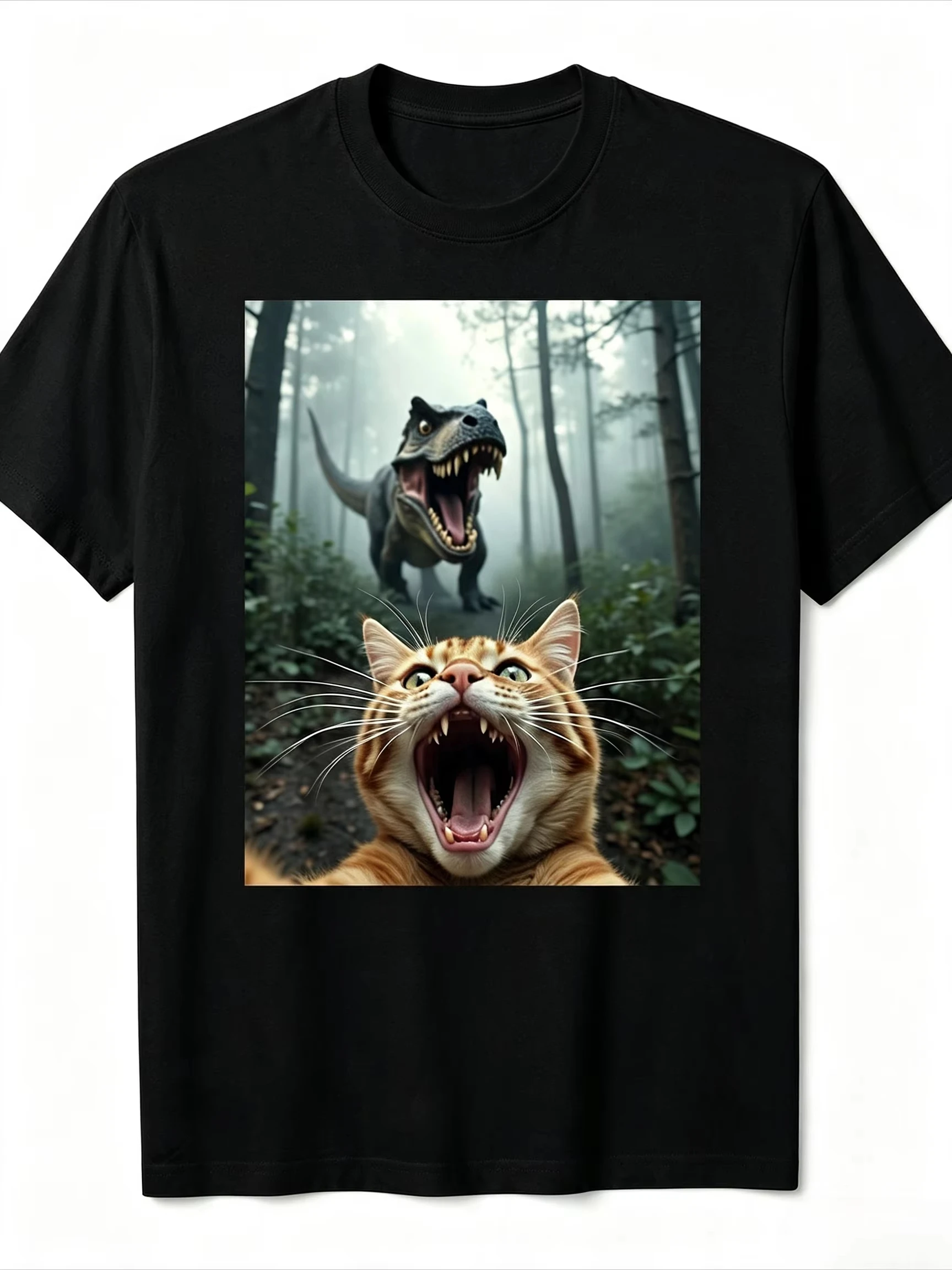 Summer New Men T-shirt Screaming Cat Dinosaur Forest Funny Meme Print Soft Cotton Breathable Daily Casual Tops
