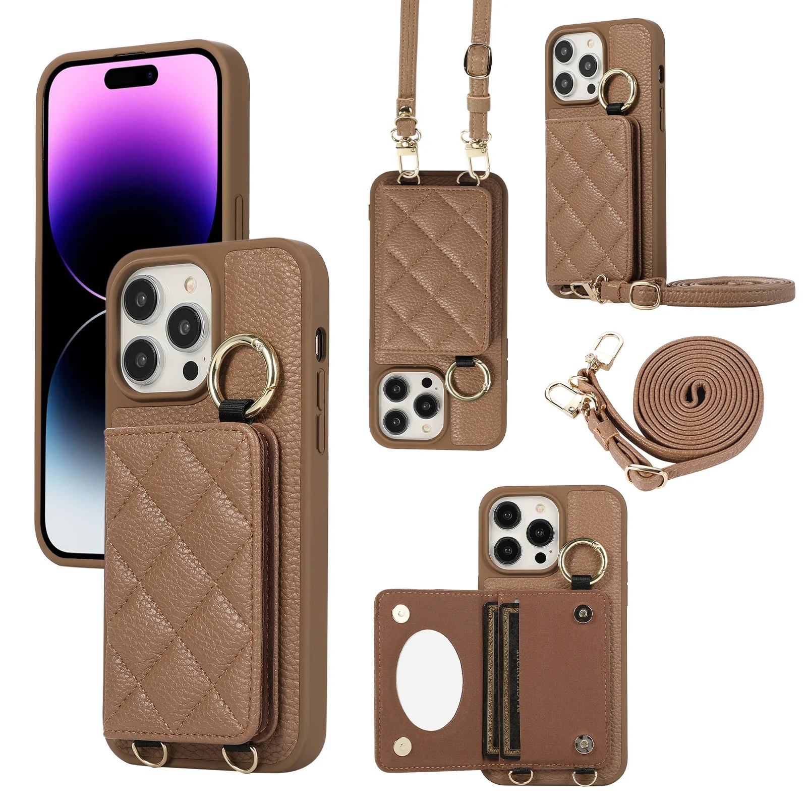 

Wallet Shoulder Strap Case For iPhone 15 Pro Max 14 13 12 11 Pro Max 15 Plus Finger Ring Leather Card Slot Lanyard Back Cover