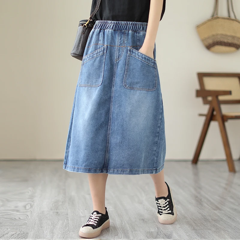 

Retro Faded Denim Asymmetrical A-Line Skirt l Waist Mid-Length plus Size Women Casual Sle Polyester Cotton Blend