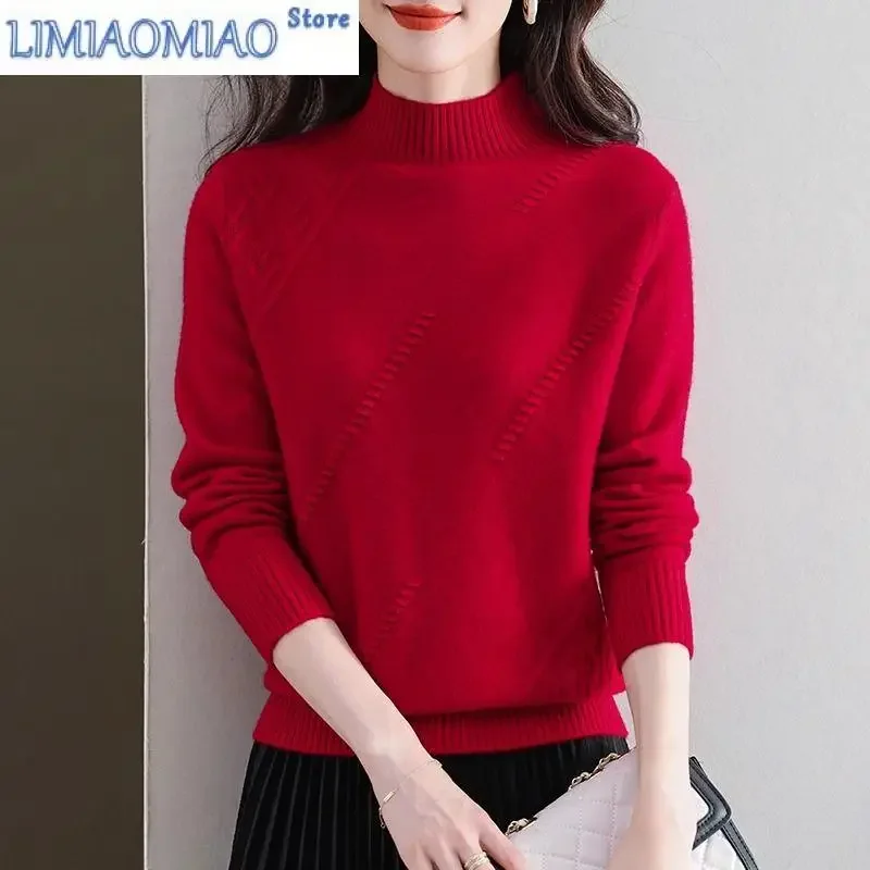 Women's Clothing Solid Color Pullover Long Sleeve Screw Thread Half High Collar Sweater Knitted Elegant Fashionable Tops