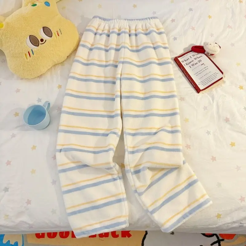 

Winter Striped Flannel Women's Sleeping Pants Enlarged, Loose, Comfortable, Cute Plush Pants Thickened, Warm Cartoon Home Pants