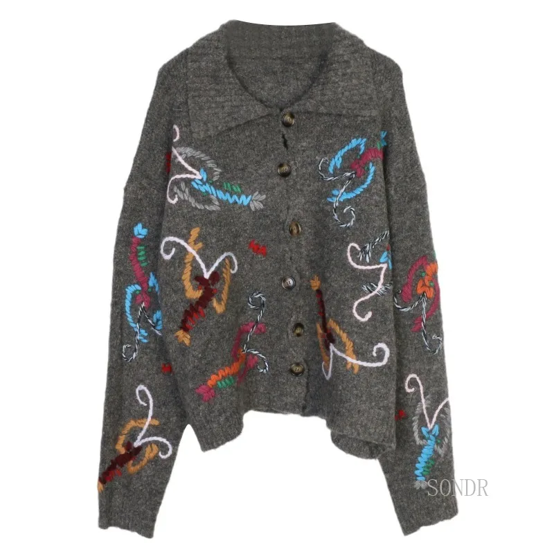 Wool Bend Cardigan with Contrast Colors Embroidery 2024 Autum Winter Knitted Cardigan Women Sweater Coat Vintage Tops Gray