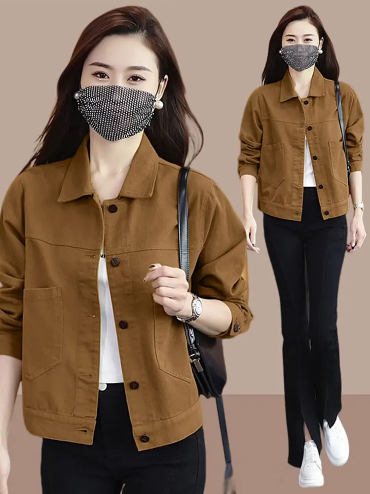 

Retro Coffee Color Stylish Denim Jacket Women's Long Sleeve Collar Spring Autumn Slimming Fashionable Commute Style