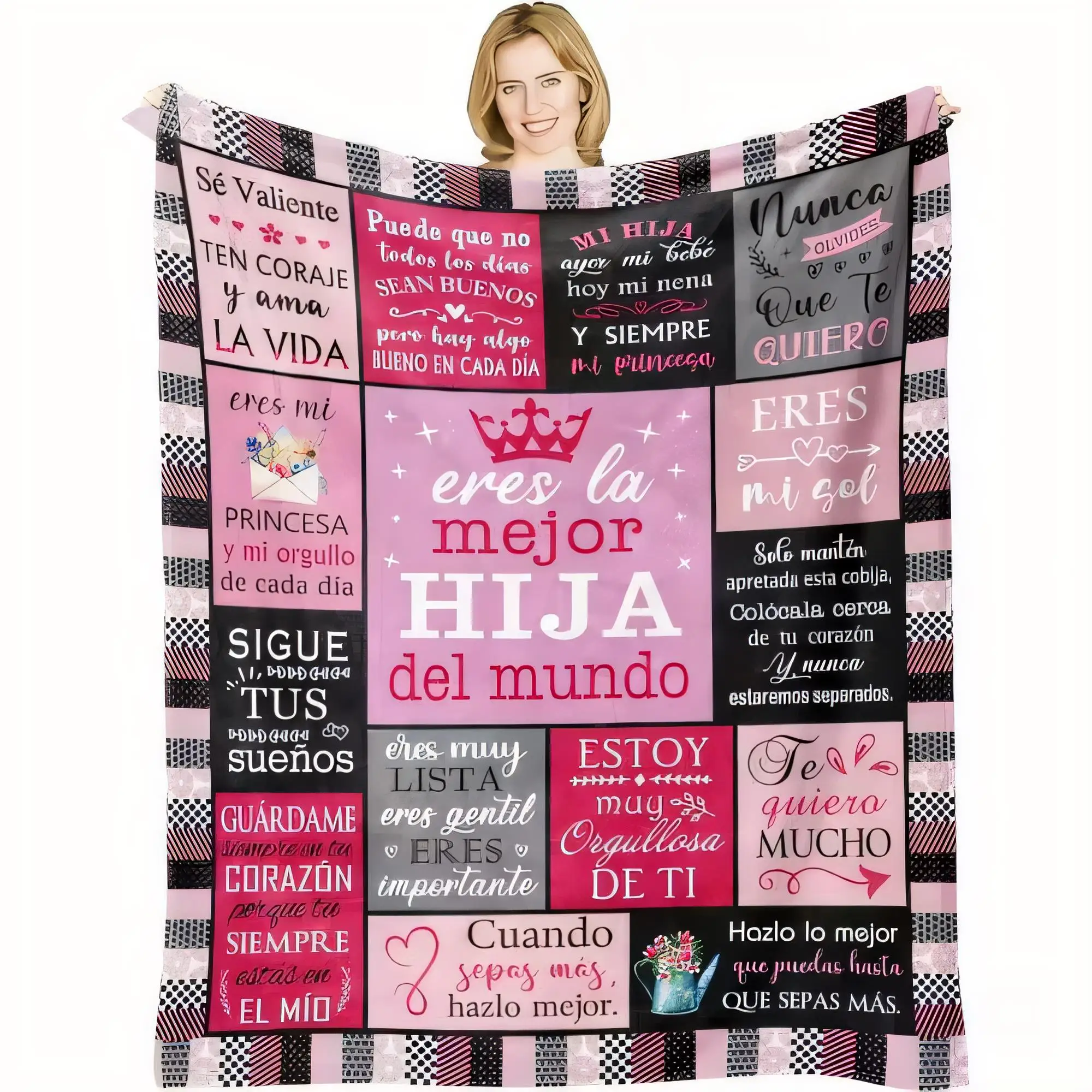 Manta a cuadros colorida para hija con frases en español, exprimiendo el amor y el orgullo, manta suave y cálida para cama o sofá, Pe