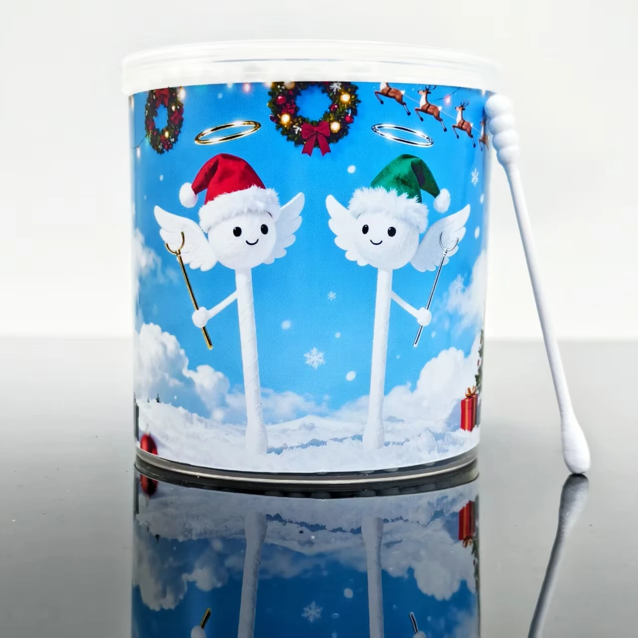 Tamponi di cotone modello singolo cappello natalizio da 200 pezzi, tamponi di cotone regalo per le vacanze con testa a vite bianca