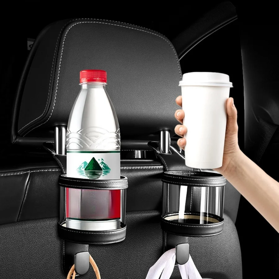 Car backrest cup holder, headrest, rear seat wallet, water bottle beverage holder, 2-in-1 seat back cup holder with leather hook