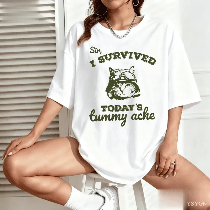 I Survived Today's Tummy Ae My Tummy Hurts T Shirt Funny Kitten Print T-shirt Women Designer Clothes Tshirt Unisex Tees 2026 New